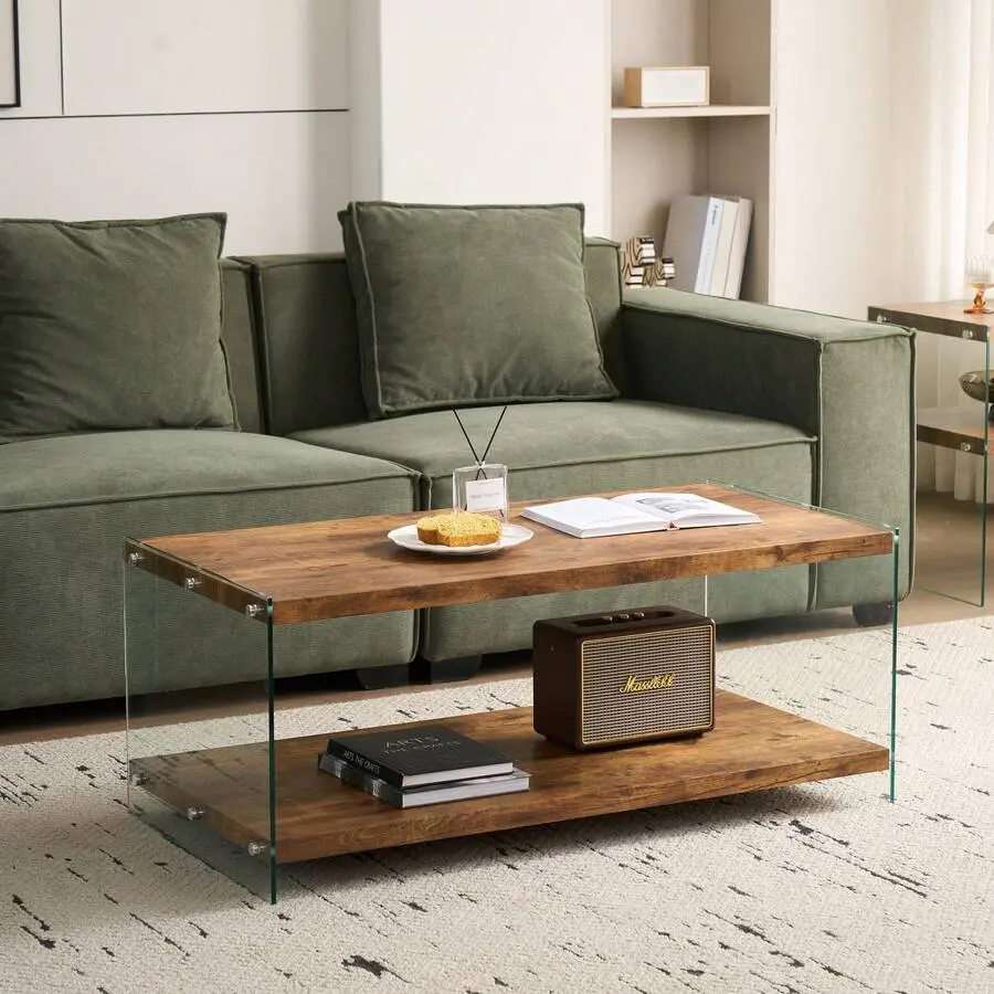 43 Inch MDF CoffeeTable, Small Tea Table, Walnut Tempered Glass Sofa Table Living Room Table,Adjustable,Mobile,Standing,entryway,gaming,desk,office,,affordable,dining,bedroom,vanity,,set