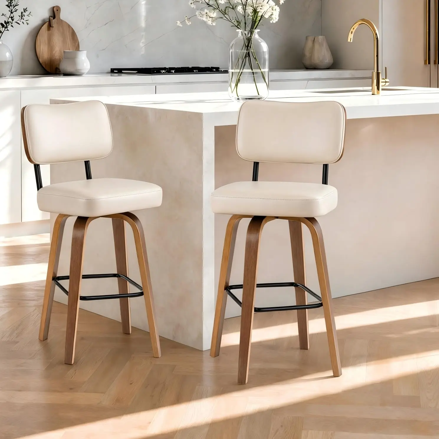 2-Piece 26" Upholstered Counter Height Swivel Bar Stools with Back, Walnut Wood Legs, PU Leather Seats, 350 lbs Capacity for Home Bar, Kitchen Counter, Contemporary Home Decor & Business Use