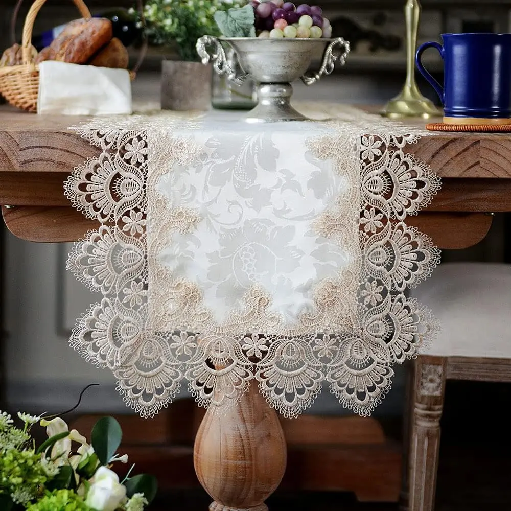 Lace Table Runner Macrame  Boho Christmas Rustic Embroidered Dresser Scarf Oblong for Wedding Shower Kitchen Outdoor Party Decor (Light Brown, 16 x 96 Inch)