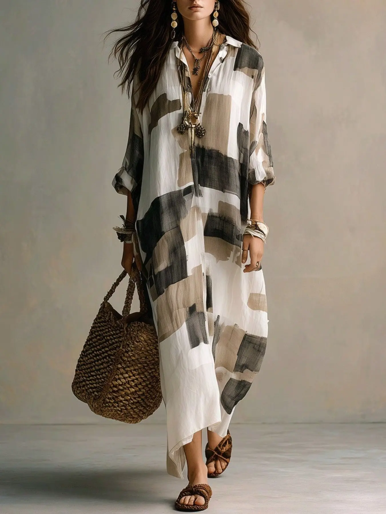 Women's Fashion Loose Irregular Print Shirt Dress, Turn-Down Collar, Seven-Eighth Sleeves, Roll-Up Design, Outdoor Beach, Boho Fashion Dress