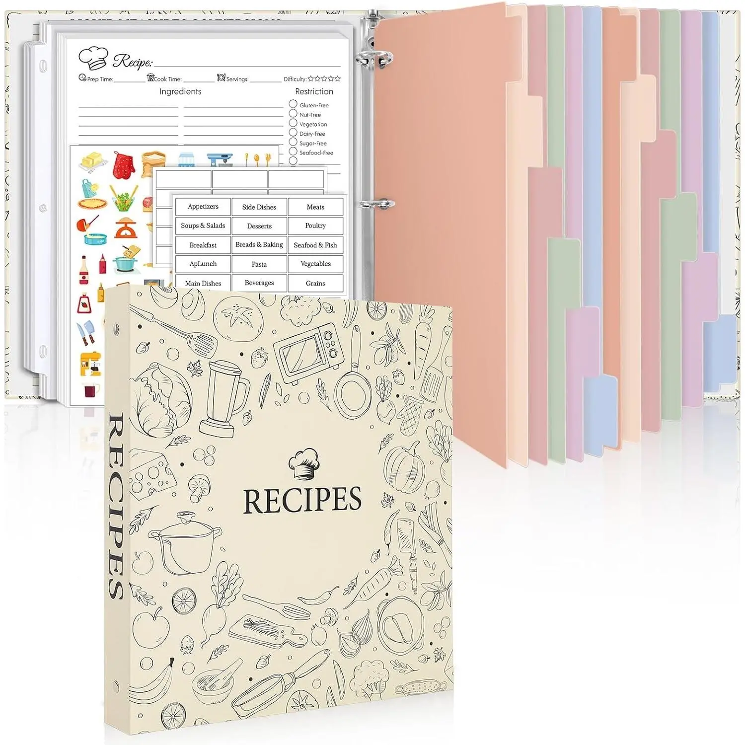 Recipe Binder 8.5x11 3 Ring, 1" Round Rings, Recipe Book to Write in Your own Recipes, Recipe Binder with 60 Plastic Sleeves, 12 Dividers, 60 Blank Recipe Cards, Family Recipe Organizer
