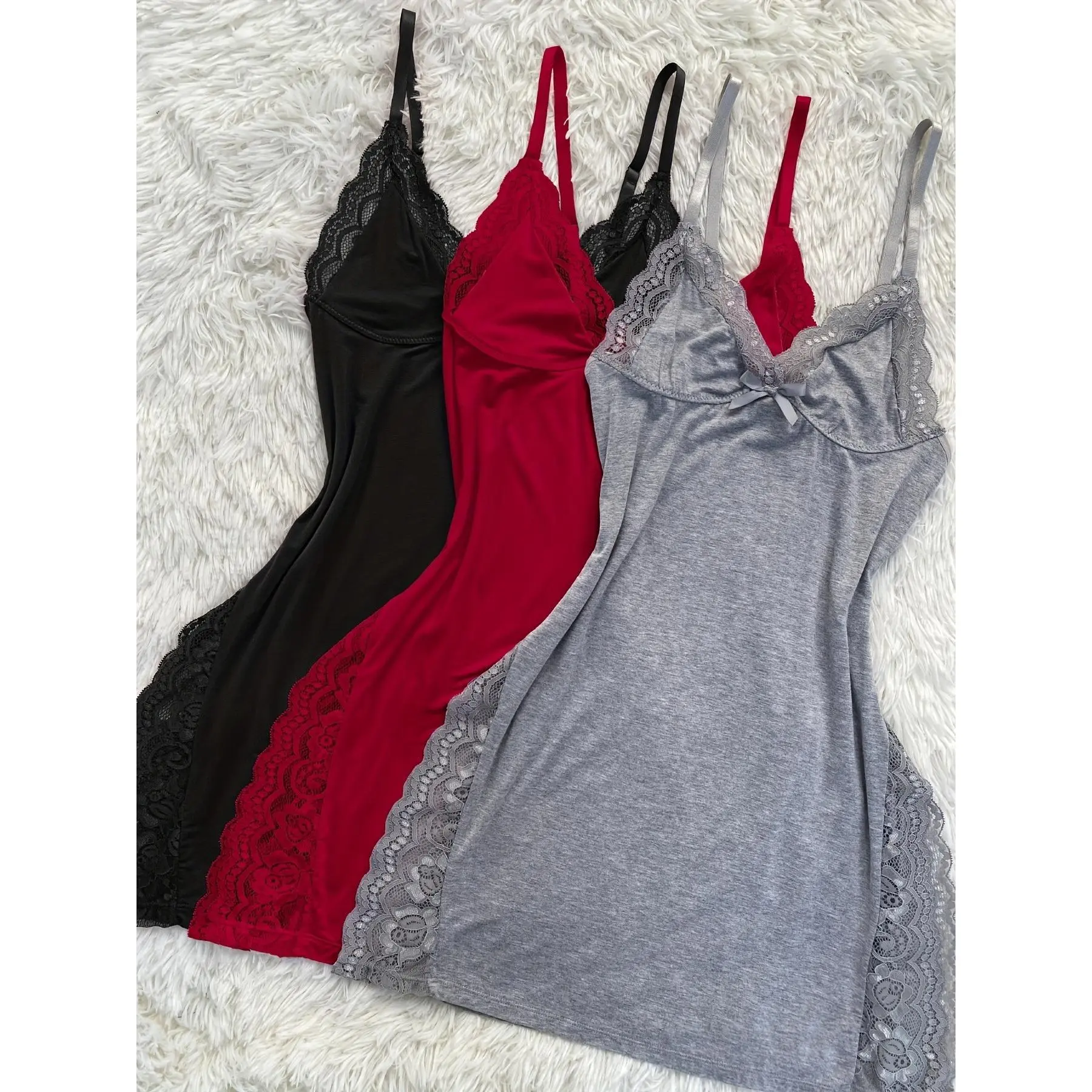 Women's Solid Lace Nightdress, Lace Panels, Skirt Side Slits, Sexy Lace Home Nightdress  Summer Lace Patchwork Sexy Slip Mini Dress Women Sleepwear Side Slit Contrast Ruffle Hem Night Dress Nightgowns Pajamas