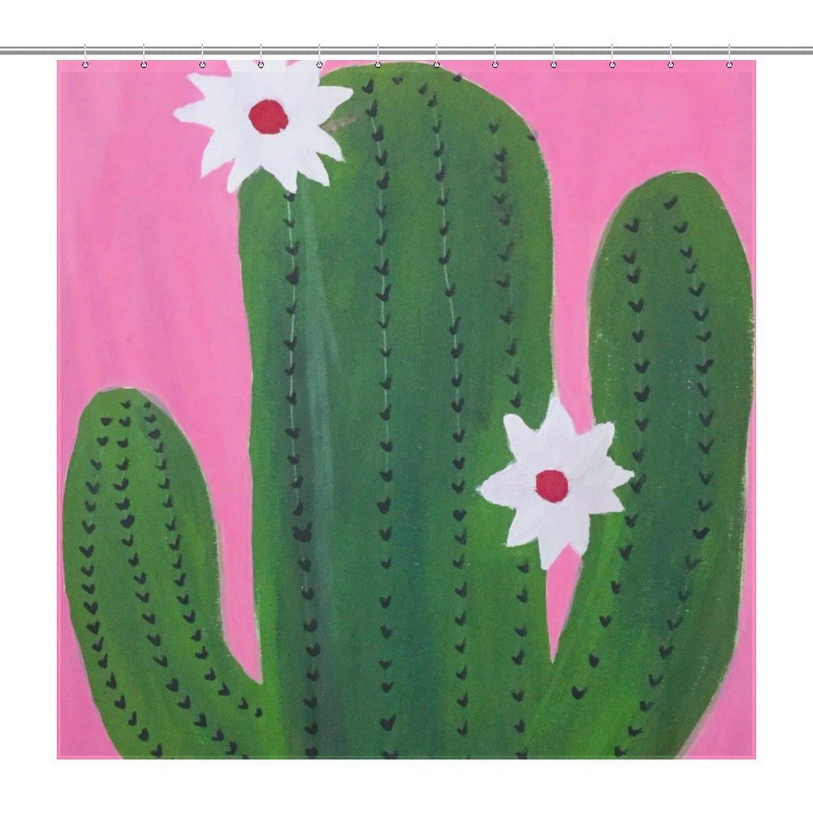Boho Cactus Flower Print Shower Curtain, Pink Green Waterproof Bath Curtain, Southwest Desert Aesthetic Bathroom Decor, Cute Cactus Bath Accessory with Hooks