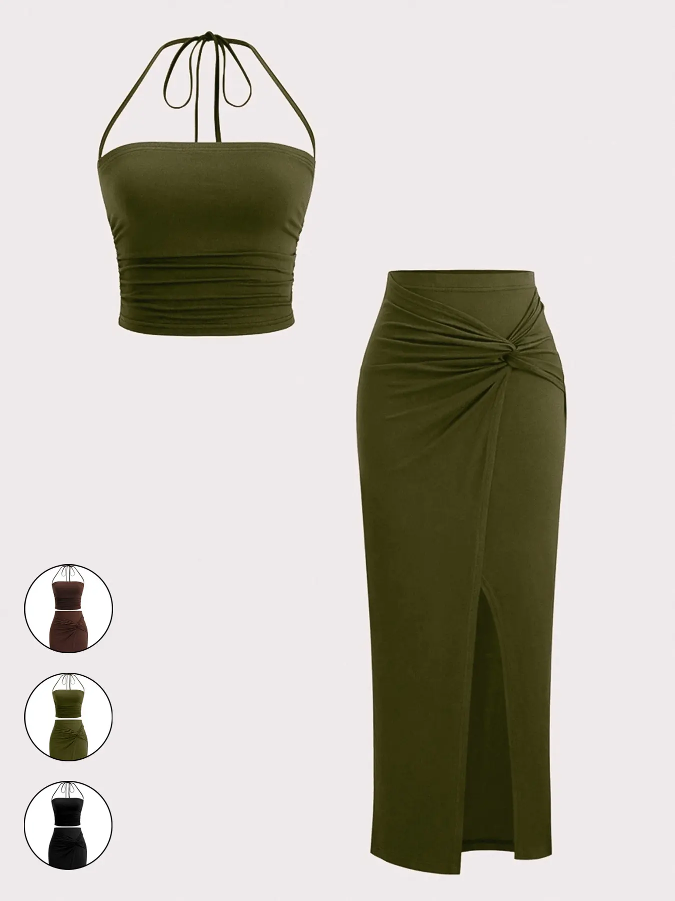 2pcs/Set Women's Casual Split Twist Knot Strapless Cropped Top & Skirt Set，Sexy Stretch Fitted Top with Knot Detail, Split Hem Half Skirt Set, Comfortable and Stylish for Daily Wear Clothes