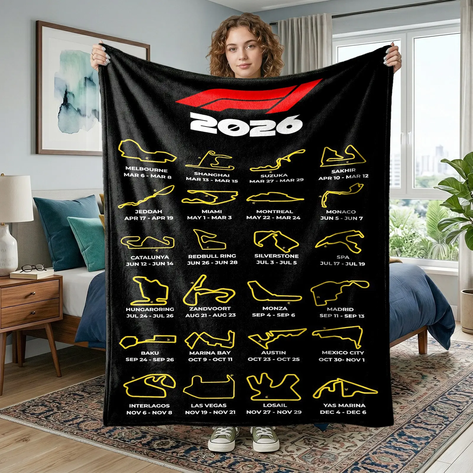 1pc F1 2026 Calendar Track Layout Fleece Blanket, Black Background Yellow Line Global Circuit Outline With Race Date Print, Soft Warm Nap Throw For Sofa, Bed, Office, Camping Trip, Perfect Christmas Gift