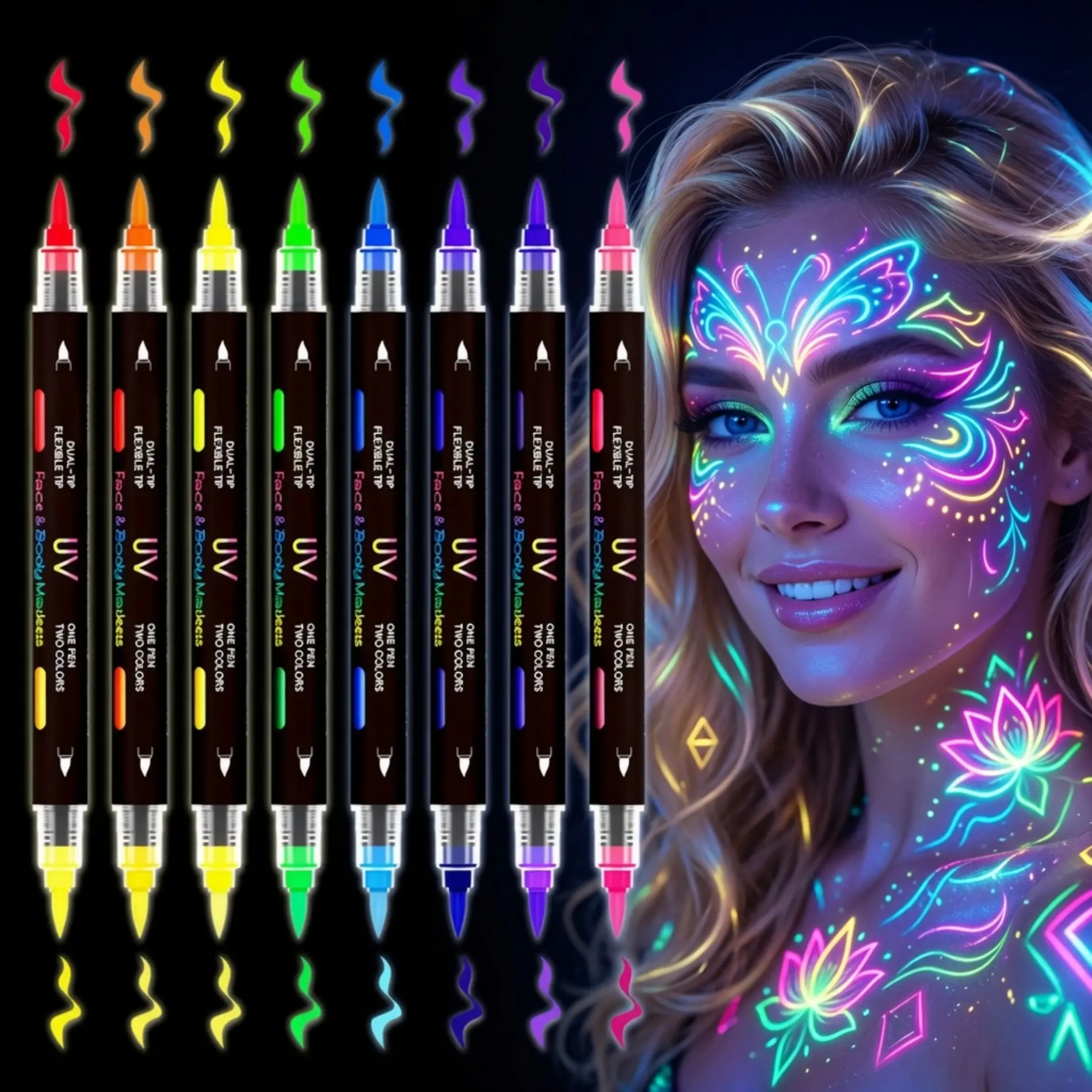 UV Body Paint Pens, 8-Pack 16-Color Neon Face Paint Markers, Non-toxic Washable Cosmetic Supplies for Halloween, Glow Parties