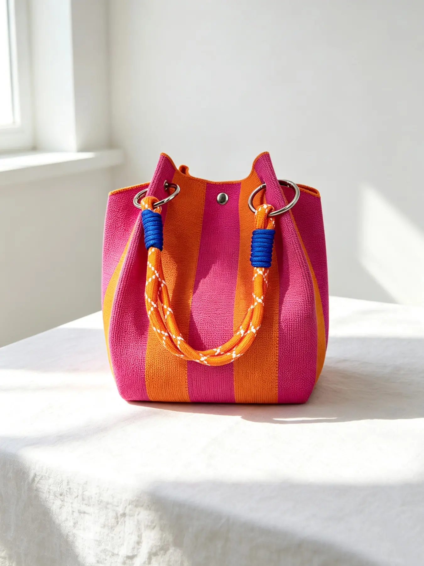 Colorblock Striped Christmas Knit Bucket Bag, Small Detachable Woven Strap Handbag, Casual All-Season Shopping & Party Gift