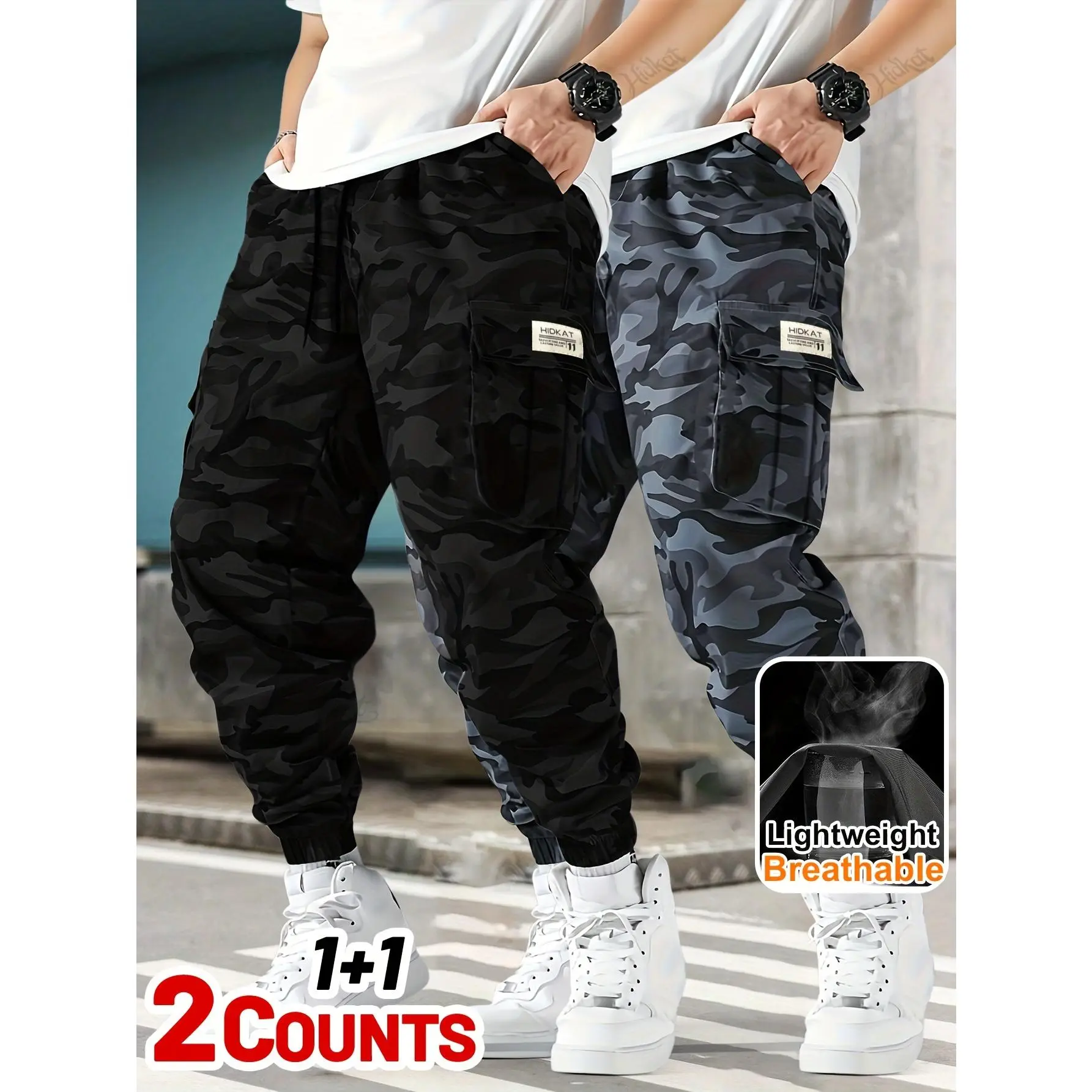 Men’s 2-Pack Camo Cargo Men’s Sports Joggers - Lightweight, Breathable, Drawstring, Multi-Pocket, Loose-Fit Jogger Style Work & Outdoor Streetwear Pants