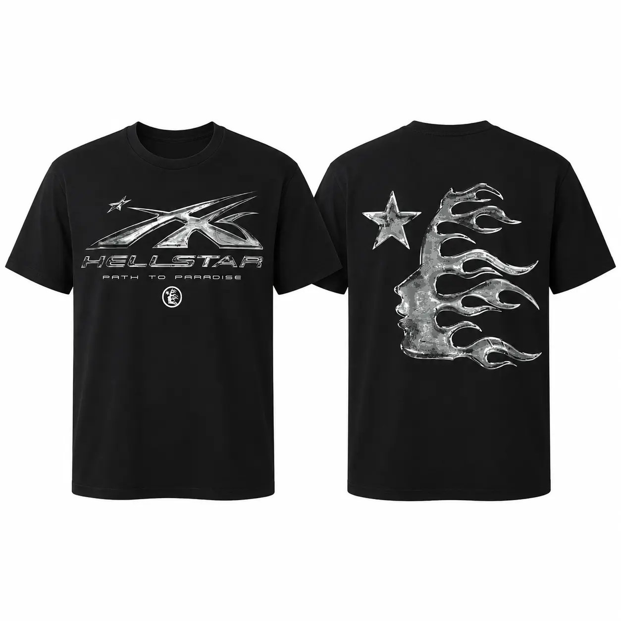 Unisex Cotton Graphic Print Short Sleeve Sports Top - Star Flame Design, Vintage Dark Streetwear, Soft Breathable Fabric, Casual Fashion Outfits, Lightweight, All Seasons, S-3XL, Machine/Cold Wash Compatible, Graphic Tee