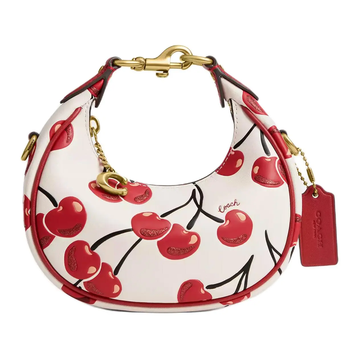 COACH Jonie 15 Mini Crossbody Bag for Women – Faux Leather, Cherry Print, Detachable Strap, Zip Closure, Chalk White and Red