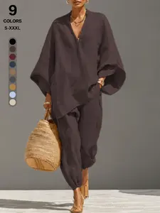 Women's Oversized Linen Look 2 Piece Set, Batwing Sleeve Top, Drawstring Adjustable Pants, Comfy Travel Vacation, Stylish & Comfortable