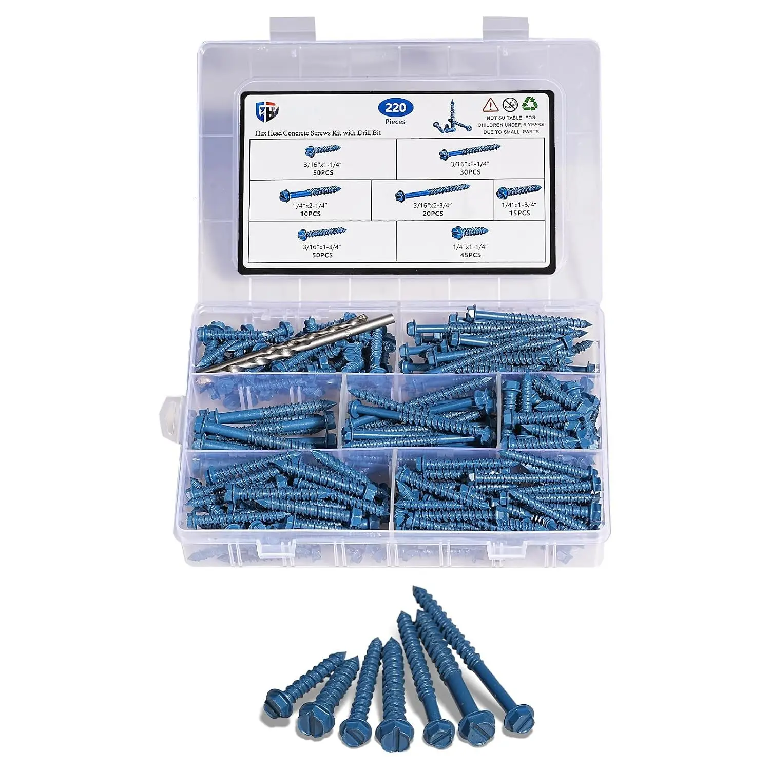 220 count 1/4" & 3/16" Hex Concrete Screw & Drill Bit Set, for Brick Masonry | Self Tapping Concrete Screws with Drill Bit, high-hardness carbon steel,   tip