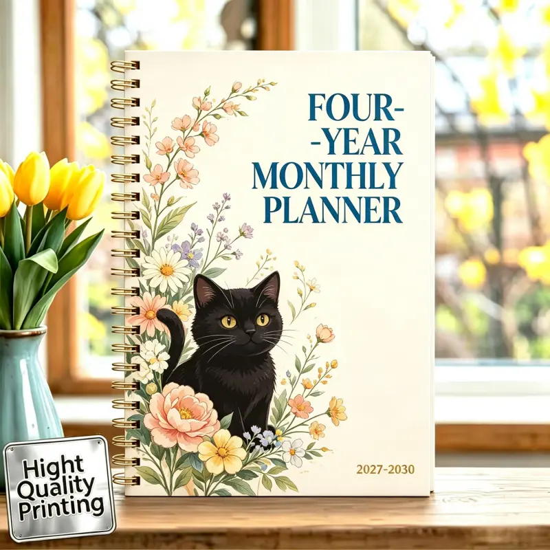 2027-2030 Monthly Custom Calendar - From January 2027 to December 2030, a four-year monthly custom calendar, black cat floral themed cover notebook, annual calendar customization, month tabs, 48-month calendar, 13.97cm x 21.08cm thick paper, elastic cover