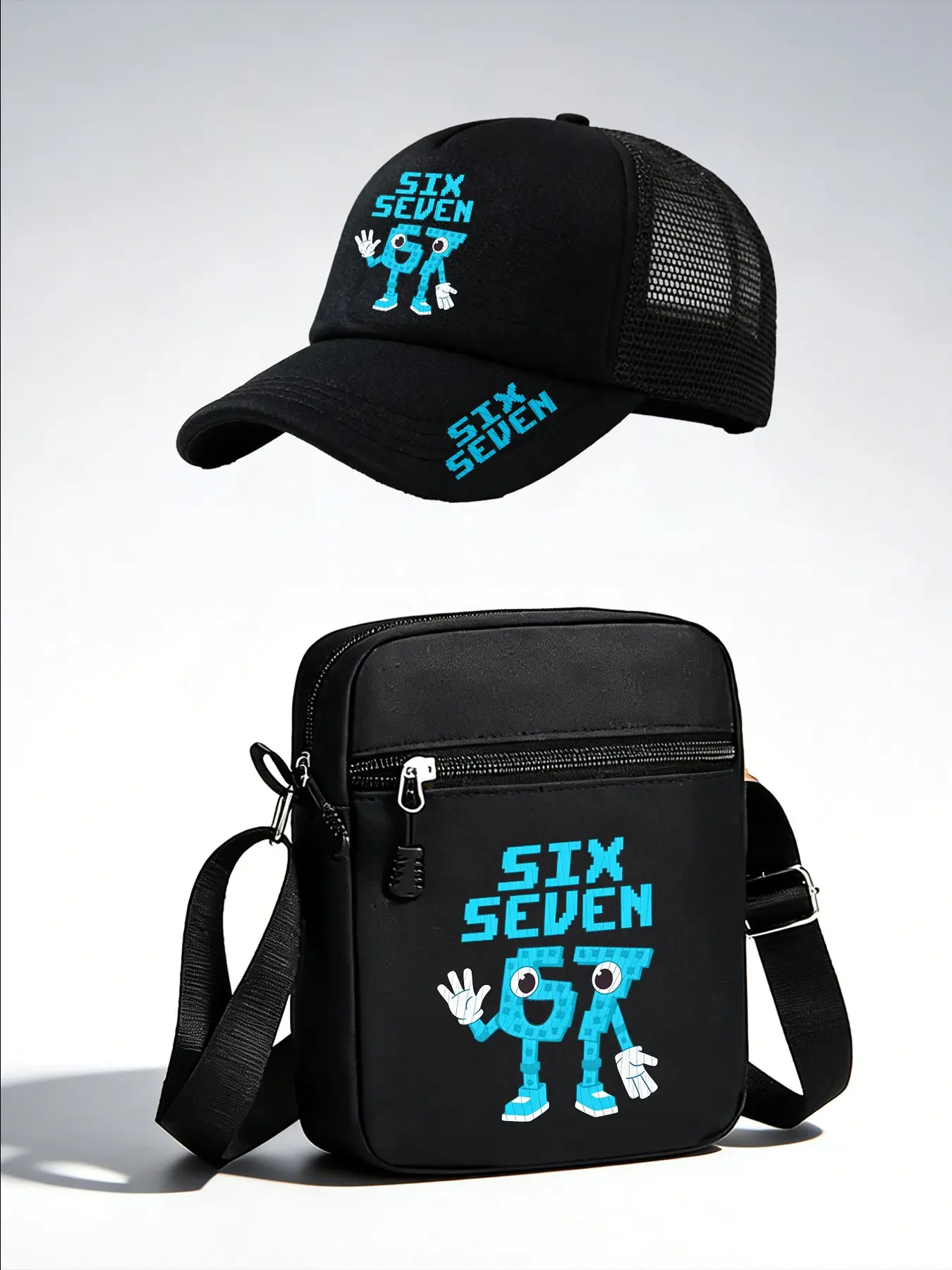 2pcs Cartoon Pattern Mesh Truck Driver Hat and Crossbody Bag Set, Adjustable Street Fashion Baseball Cap and Backpack, Perfect Gift