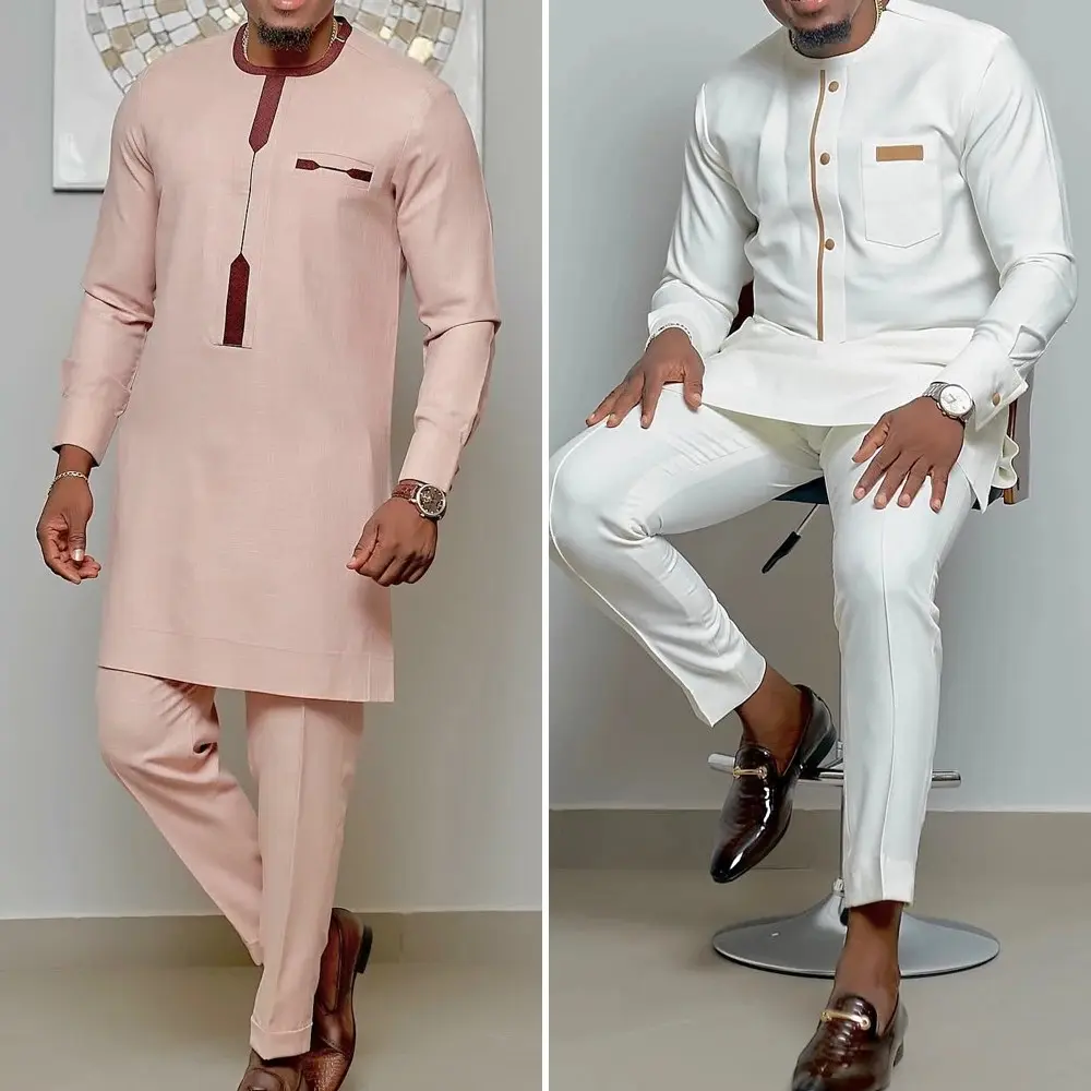 Men's White Wedding Kaftan Suit African Traditional 2 PC Outfit |     Long Sleeve Tunic & Pants Set Ethnic Cultural Celebration Attire Breathable Linen Fabric, CasualStyle, RelaxedStyle, SoftFabric, AllDayWear