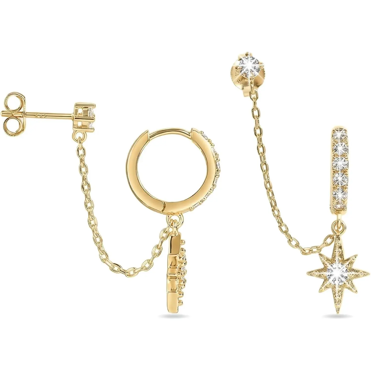 Chain Earrings for Women 14K  Double  Dangle Hoop Earring with Cuff and Stud Connected Two Hole  Set Stackable Earings for First and Second Lobe Cartilage Pierced