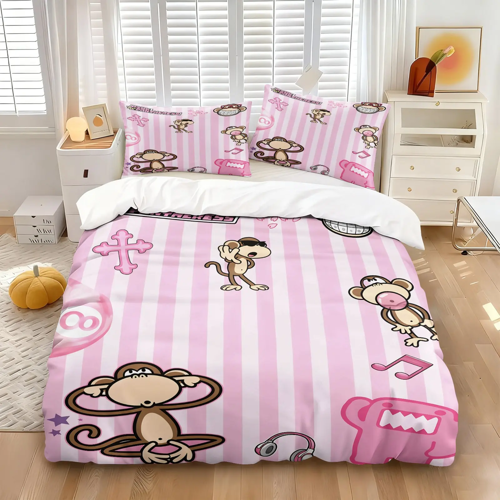 Pink Striped Hip-Hop Cartoon Monkey Y2K Girly Style Duvet Cover Set-1 Duvet & 1-2 Pillowcases-Streetwear and Cute Cartoon Fusion-Soft Breathable Easy Care-Ideal for Student Dorm/Girls' Bedroom Decor