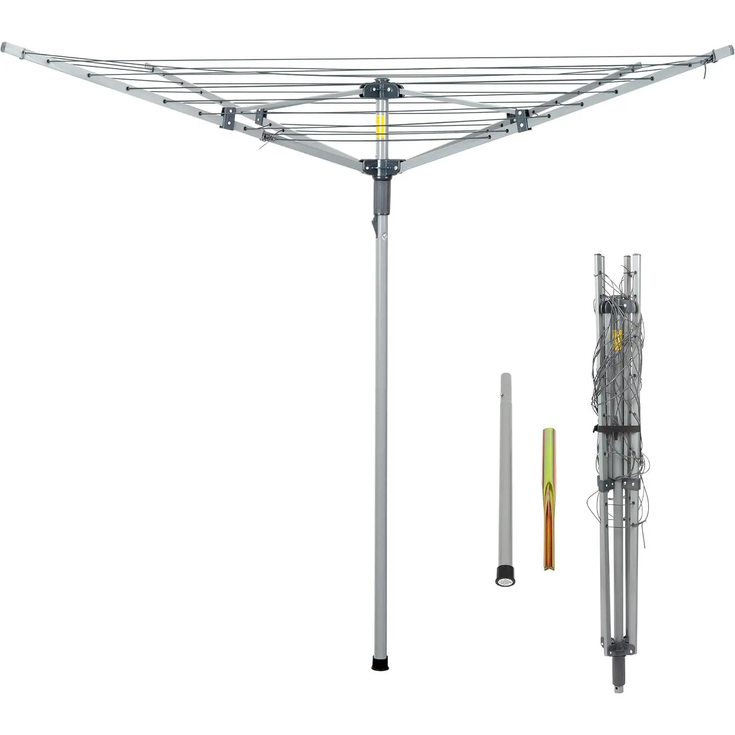 Hangable Eco-Friendly Vinyl-Coated Steel Collapsible 4-Arm Rotary Outdoor Umbrella Drying Rack, 131ft (4-arm) Drying Space Clothesline, 78.74"h x 68.5"w x 49.61"l, Angled Lines Design, Easy Installation for Dog & Cat Accessories, Foldable, Laundry, Steel