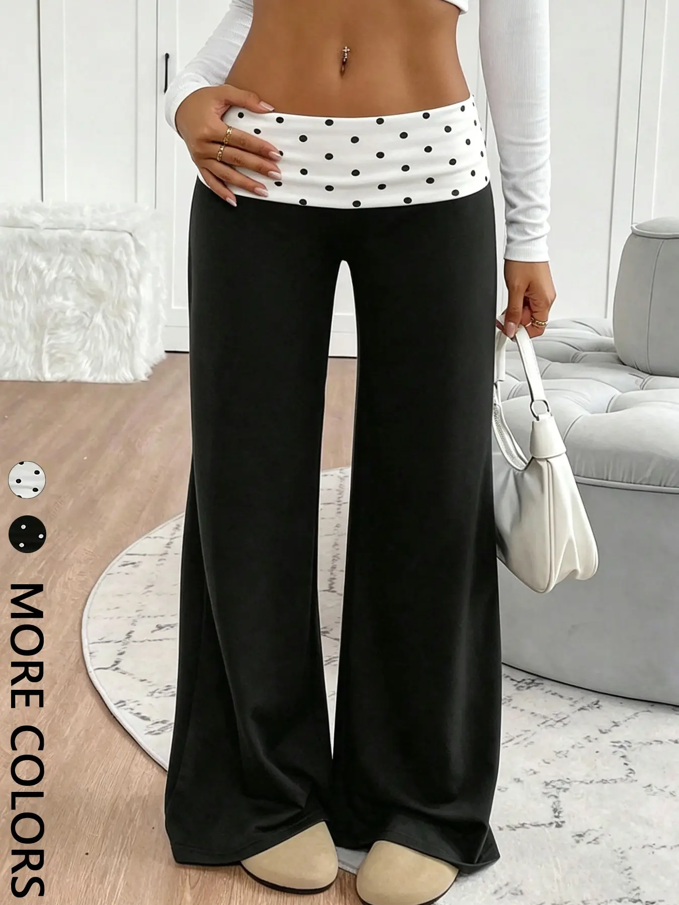 Women's Comfortable Casual Wide Leg Pants, Polka Dot Folded Waist, High-Waisted Long Pants, Stylish and Trendy Fashion