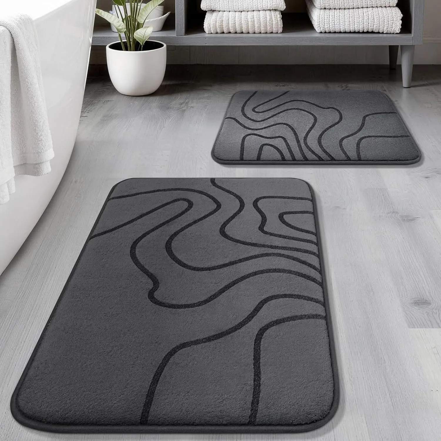 Unisex Rectangle Cozy Plush Velvet Memory Foam 2-Piece Bathroom Mat Set - Extra Thick, Ultra Soft, Absorbent, Non Slip, Machine Washable, Fluid Lines Home Decor Rugs for Shower, Tub (32"x20"+24"x17", Dark Grey)