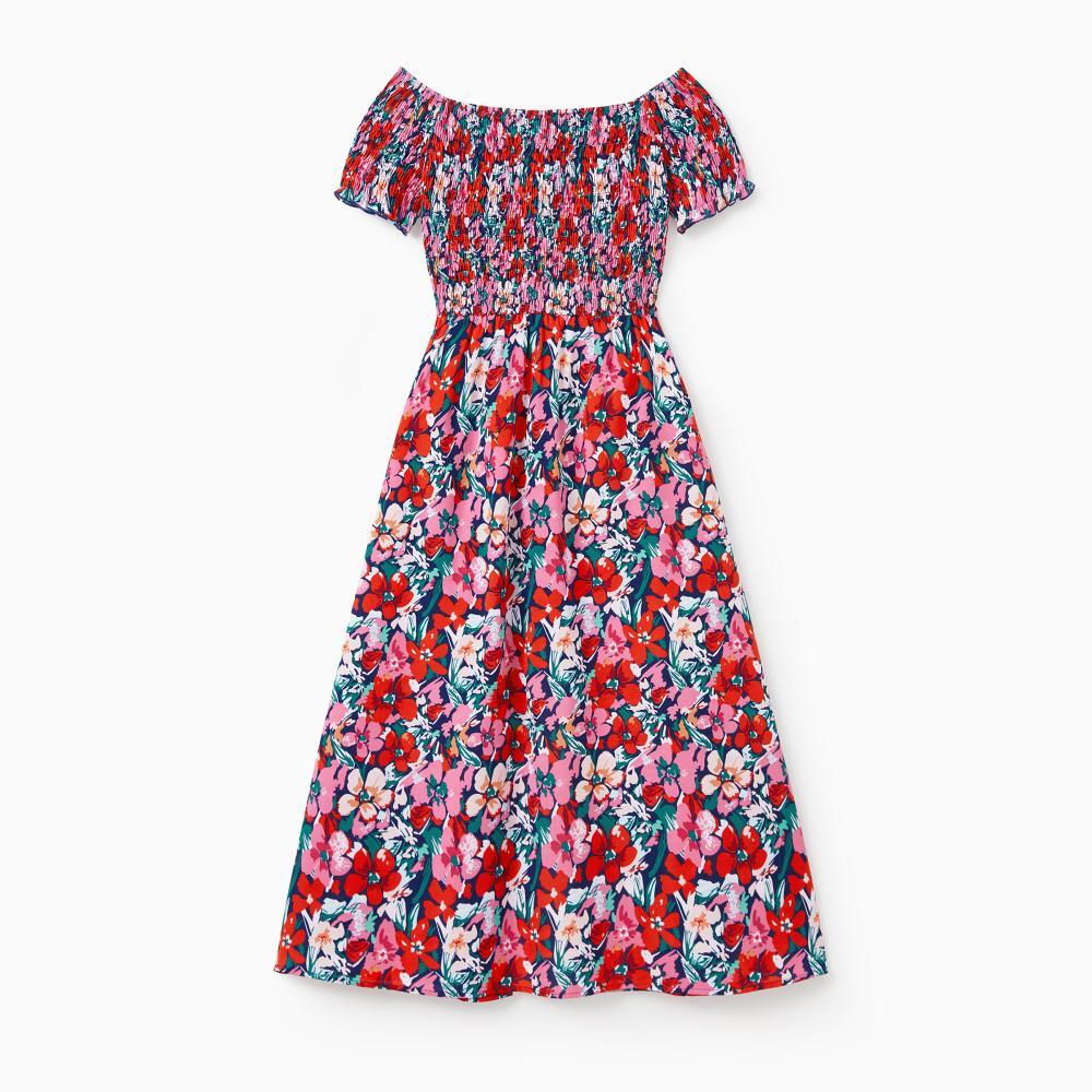 PatPat Family Matching Floral Print Short-sleeve Shirt or Off Shoulder Smocking Dresses Set Spingtok