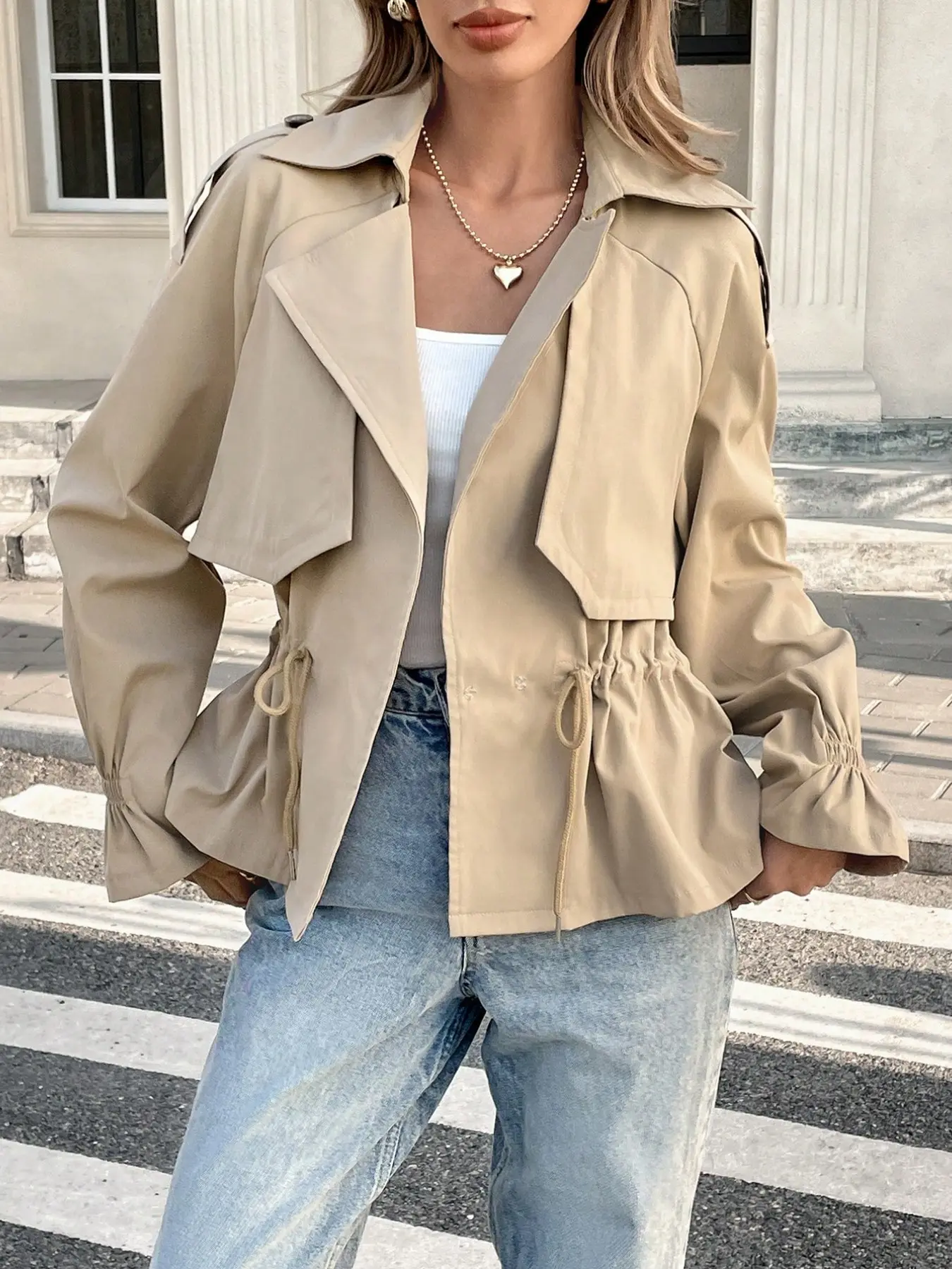 Women's Casual Long Sleeve Jacket, Fitted Lapel Design, Adjustable Drawstring Closure, Belted Style, Winter Outerwear, Plain Pattern, Unlined Top