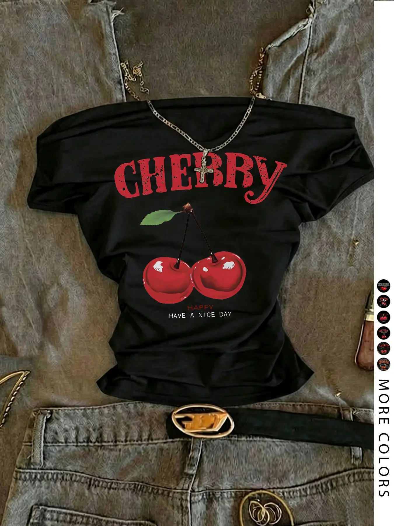 Women's One-Shoulder Cherry Pattern Tight Short Sleeve T-Shirt, Summer Fashion, Retro Sexy Cute, Hip Hop Y2K Style, Music Festival Wear, Casual Tee Tops