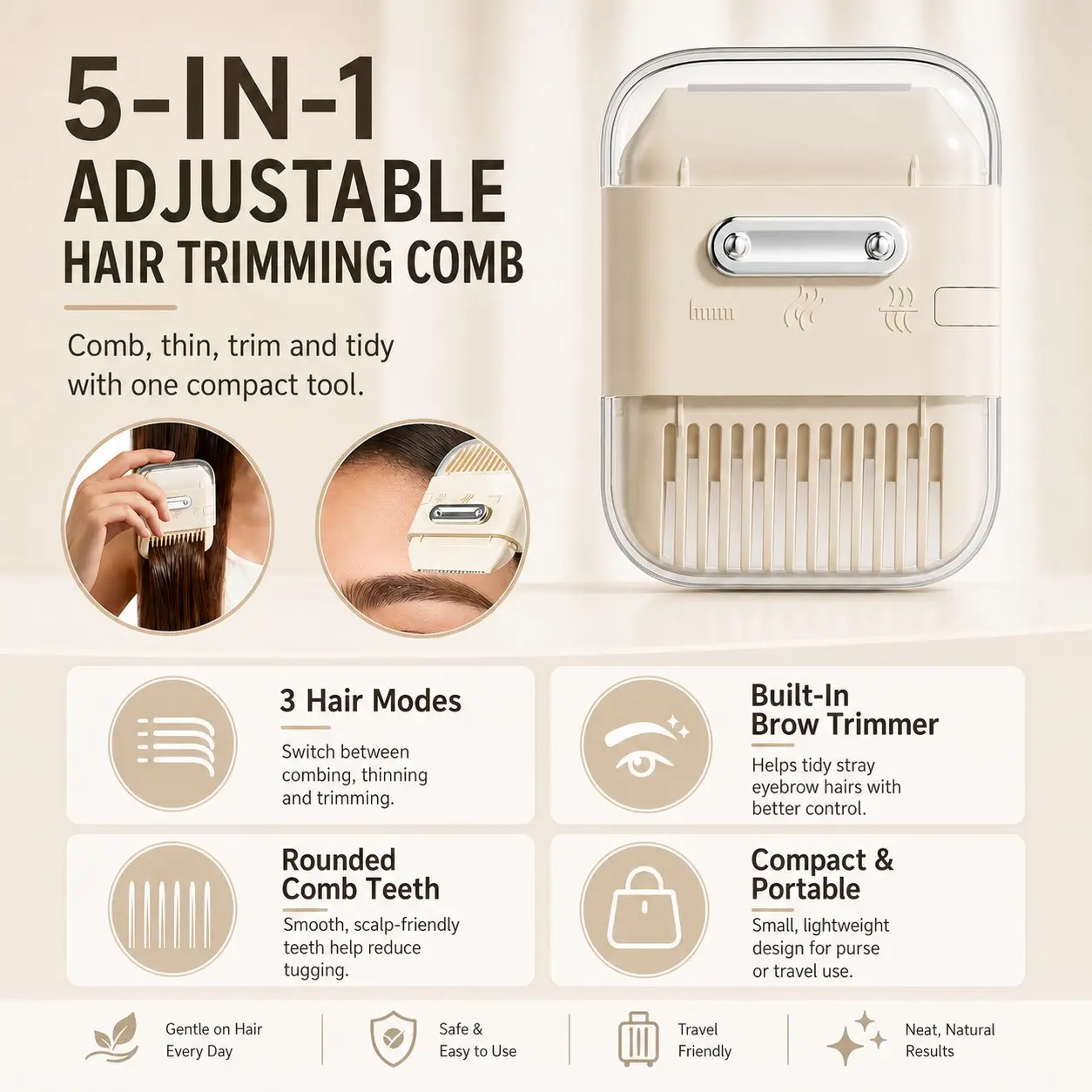 1PCS Five-In-One Haircut Comb, Dual-Head Manual Bang Trimmer, Two-In-One Hair Clipper and Eyebrow Razor, Styling Tool for Dry HairPCS, Lightweight