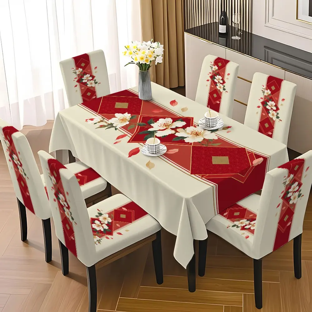 5/7 Piece Red Gold Camellia Tablecloth and Chair Cover Set, Chair Tablecloth Covers, 2D Printed Dining Table Cover with Stretch Chair Protector, Washable Table Linen Set for Dining Room Decor, Home, Restaurant, Wedding, Holiday Party