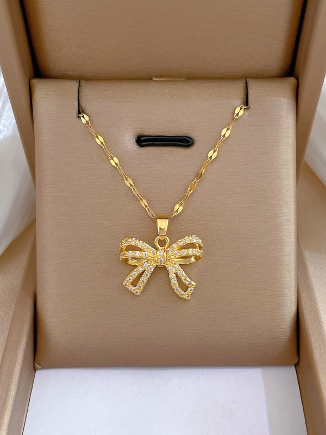 Elegant Rhinestone Bow Decor Pendant Necklace for Women for Gift, Jewelry Gifts, 2024 Trendy Stainless Steel Matching Jewelry, Luxury Shiny Dainty Accessory, Statement Necklace
