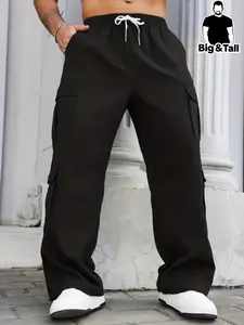 Large Size Men's Classic Design Plain Side Pocket Straight Leg Pants, Drawstring Waist Casual Outdoor Pants, Ideal for Hiking, Fishing, Streetwear
