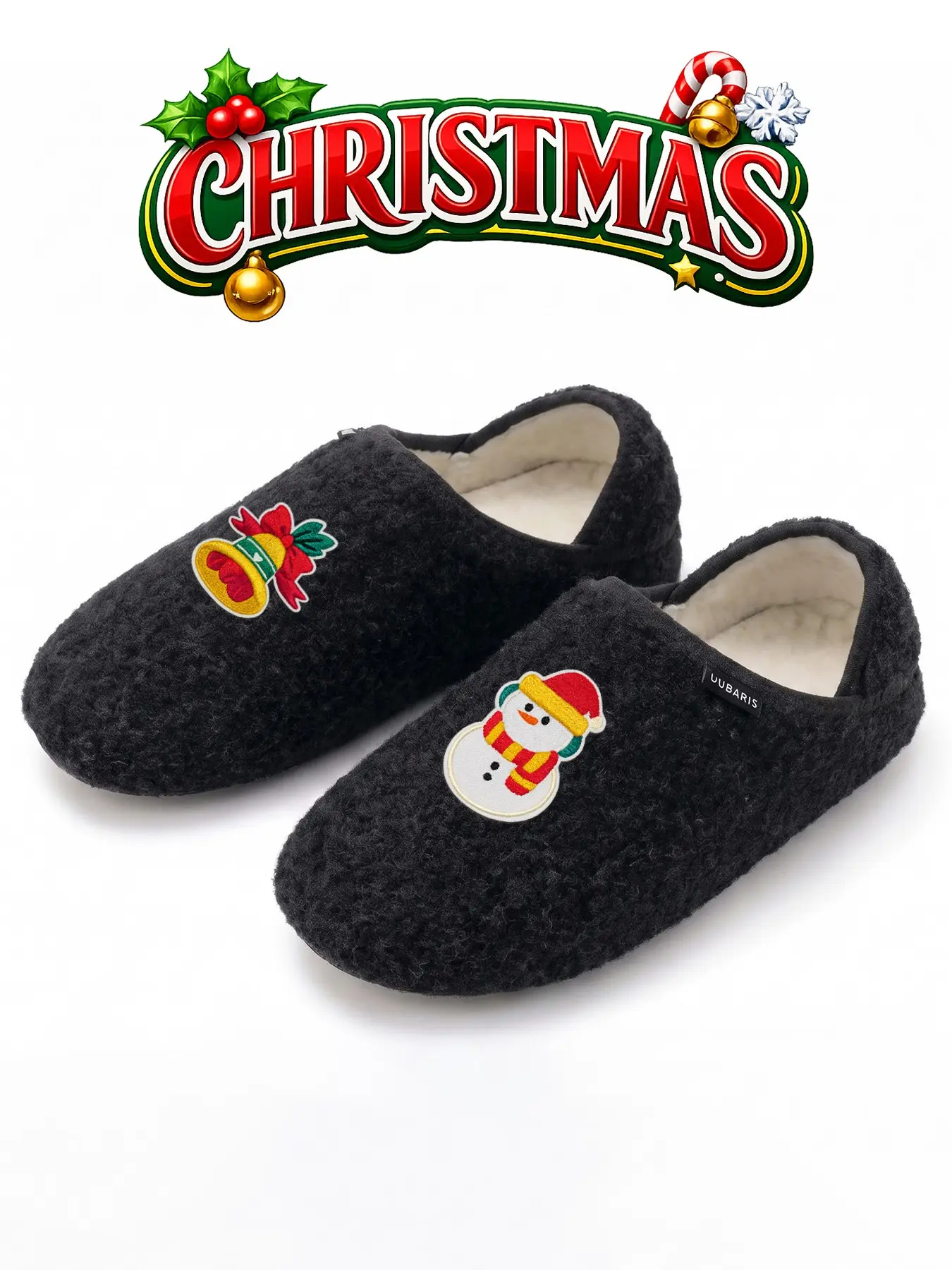 UUBARIS Unisex Christmas Cotton Slippers, Soft Plush Home Shoes, Santa Claus Snowman Embroidery, Non-Slip Winter Indoor Shoes