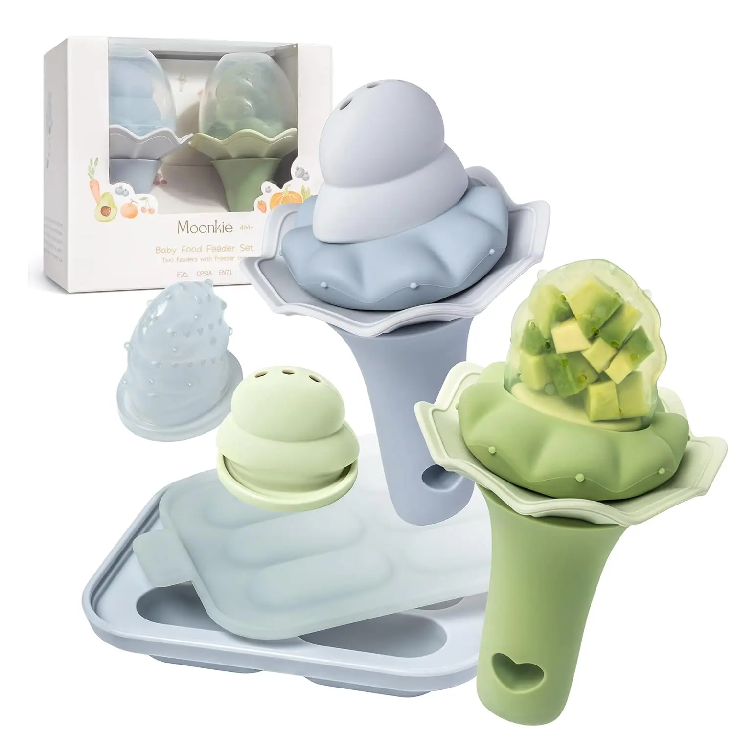 [Summer Essentials]Moonkie Baby Fruit Feeder with Freezer Tray, BPA Free Silicone Food Feeder for Infant Self Feeding, Breastmilk Popsicle Molds, Mesh Feeder with Two Pouches, Baby Shower Gifts 4 Months+, 2 Packgift