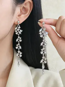 Elegant Silver Color Long Earrings, Rhinestone & Zircon Design, Wedding Party Jewelry, Face-Enhancing, Perfect for Evening Gowns