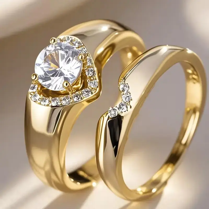 Couple's 2-Part Artificial Sparkling Gemstone Ring Set, White Gold-Plated Copper Elegant Stackable Bands, Matching Promise Rings for Anniversary Day