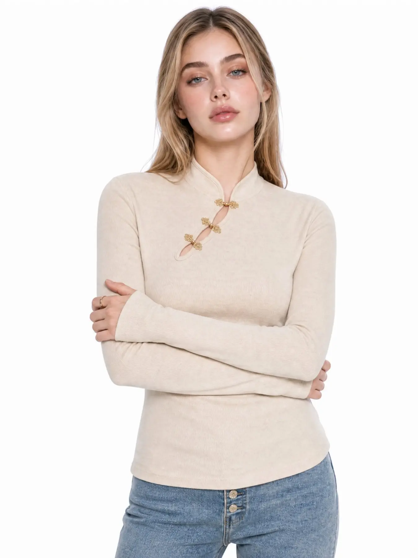 Light Grey Mandarin Collar Frog Button Knit Top Women Cheongsam Style Asymmetric Hem Slim Long Sleeve Casual Blouse Fitted Knit Top