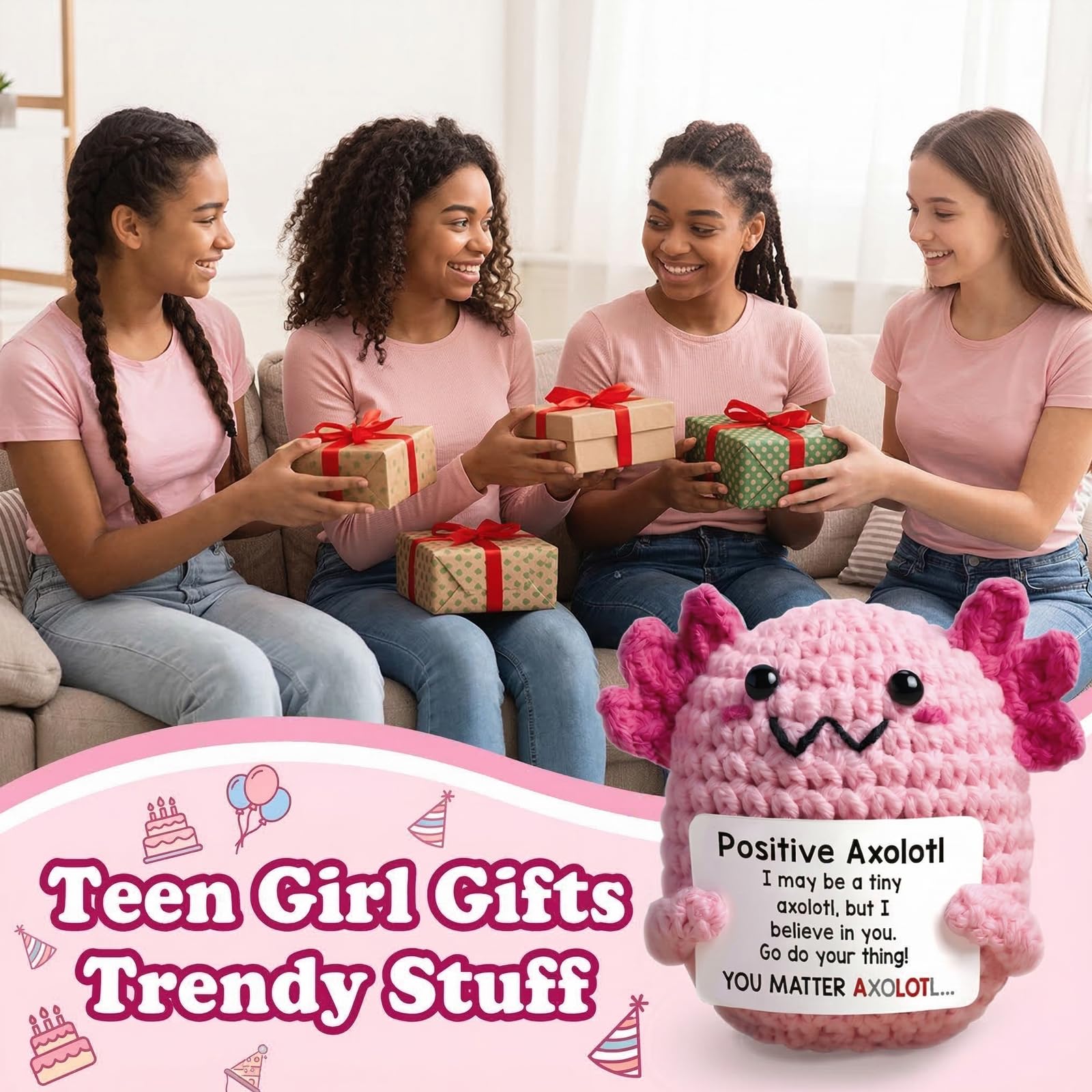 Handmade Crochet Axolotl Plush, Emotional Support Stuffed Animal, Cute Knit Salamander Toy with Soft Cotton Yarn, Anxiety Relief Companion, Portable Desk Decor, Birthday Gifts for Women & Men, Teacher Appreciation Present, Unique Home Ornament & Bag Charm