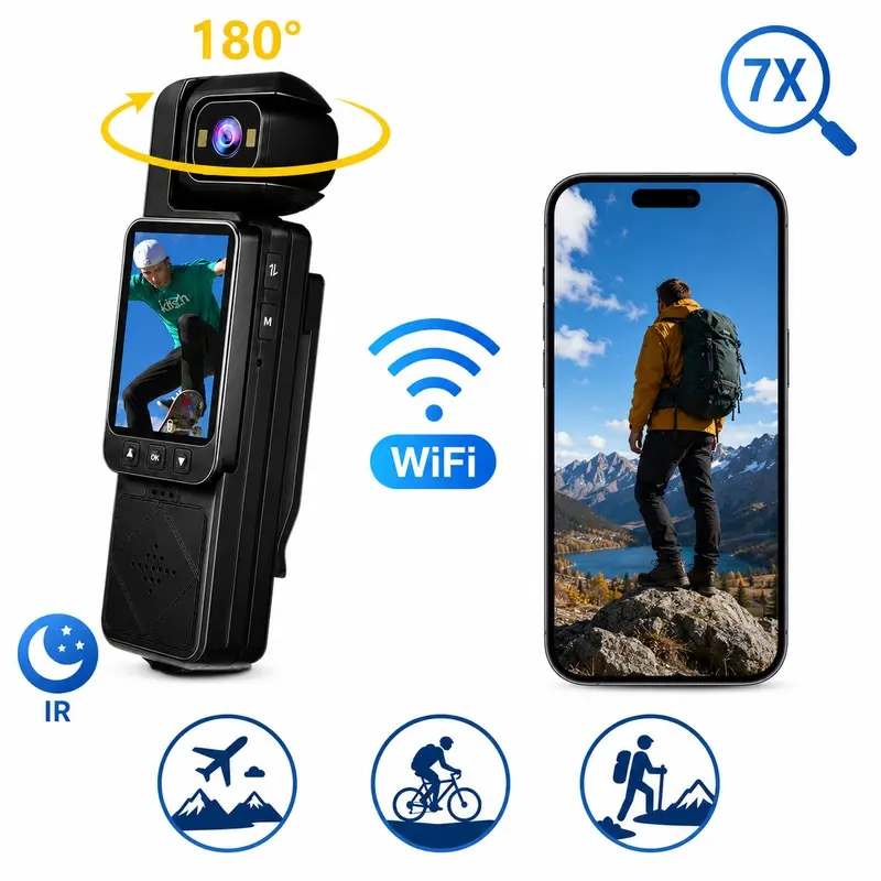 Body Camera HD Sports Action Camera, Portable Wearable Recorder with 140 Wide Angle, WiFi APP View, IR Night Vision, 7X Digital Zoom for Hiking Cycling