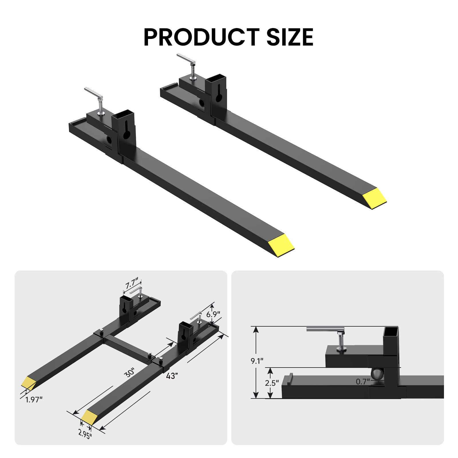 GARVEE 1500lbs 43" Clamp-on Pallet Forks for Skidsteer and Tractor - Heavy-Duty Attachment for Efficient Material Handling and Loading in Agriculture and Construction Applications.