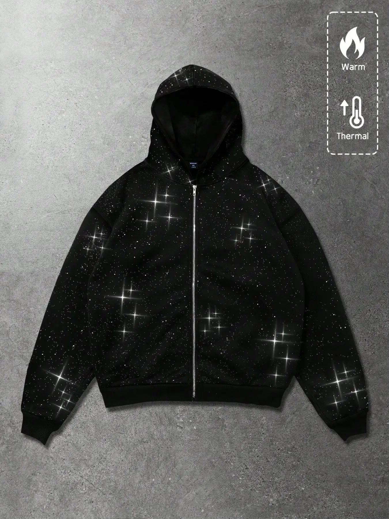 Men's Starry Zipper Hoodie, Full Body Rhinestone Design, Metal Full-Length Zipper, Ribbed Hem, Loose Fit, Casual Outerwear for Teens