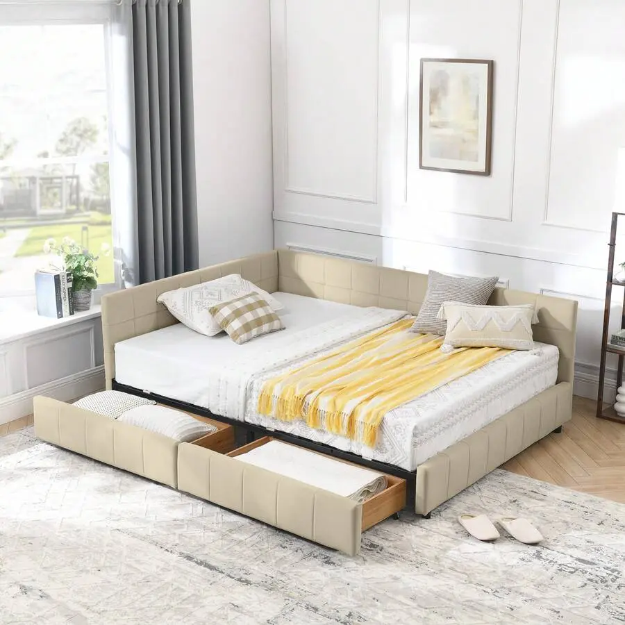 Full L-Shape Corner Bed Frame With Two Drawers, Velvet Upholstered Tufted Daybed With Slat, Floor Platform Bed With Soft Headboard Bedroom Nook, No Box Needed