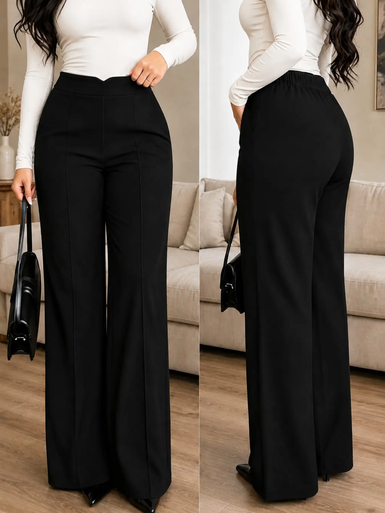 Plus Size Women’s High Waisted Design Wide Leg Pants, Minimalist Casual Trousers with Comfortable Fit, Elegant Work Pants for Office, Going Out and Everyday Style