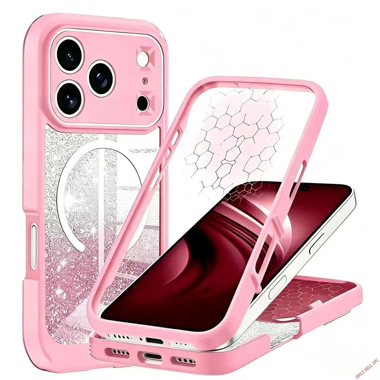 Suitable for iPhone 17 Pro Max /16 Plus/15/14/13/12/11 cases, compatible with Magsafe [Built-in tempered glass screen protector and camera lens protection] Full-body shockproof protection shiny phone case for women and girls, all pink
