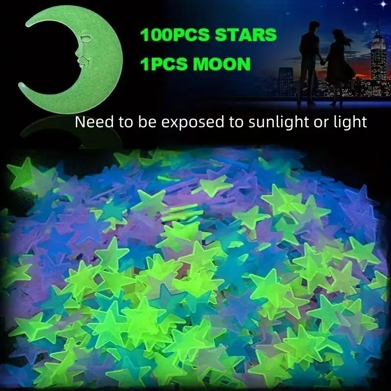 101pcs Glow-In-The-Dark Star Moon Stickers, Romantic Sky Theme Wall Ceiling Decor, Modern Home Decoration, Perfect Gift, Night Light Effect