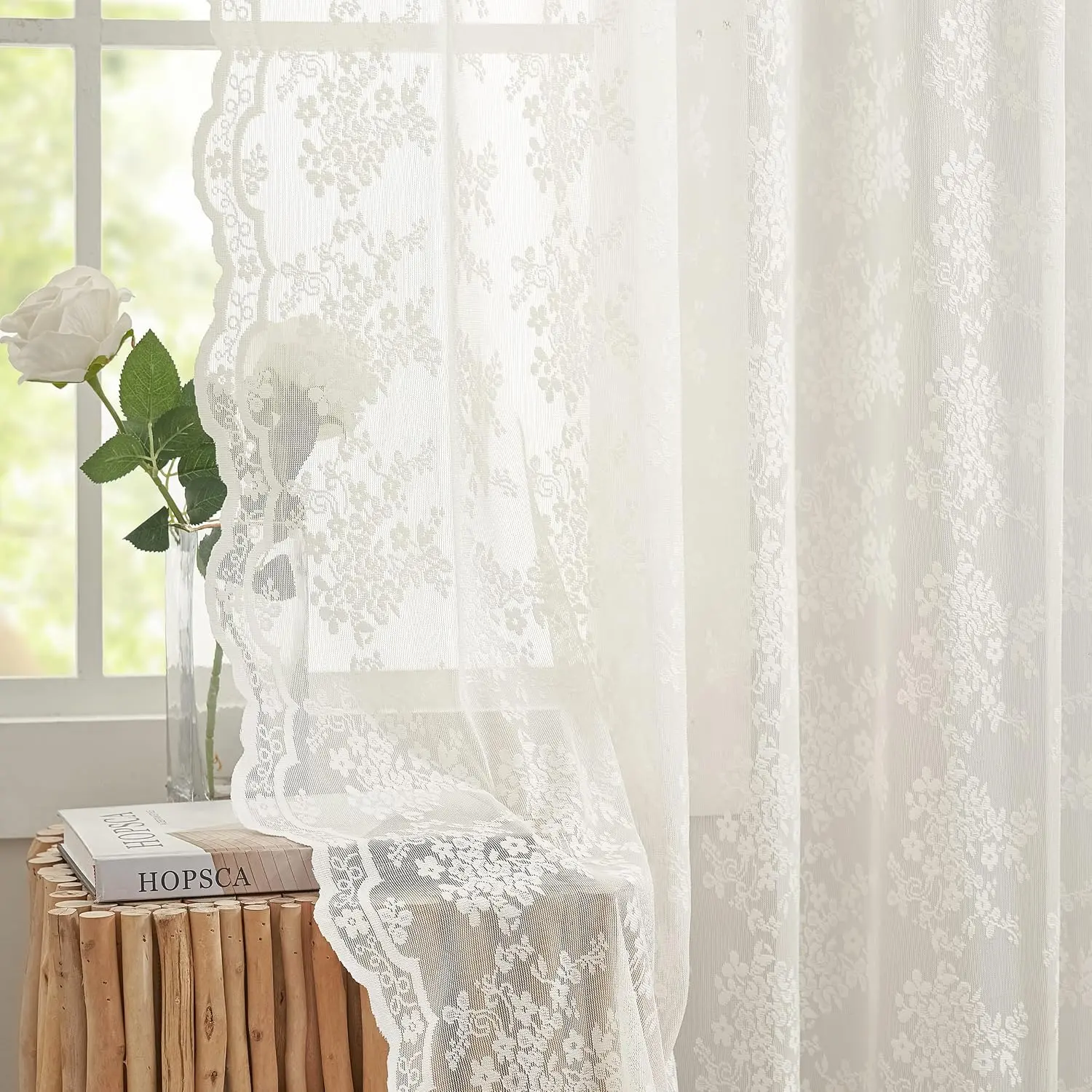 Vintage Floral Lace Home Decoration Window Curtain Panels, 2 Pcs 52W x 84L In Sheer Fabric Ivory Drapes, Light Filtering for Living Room Bedroom, Victorian Style French Door Curtains