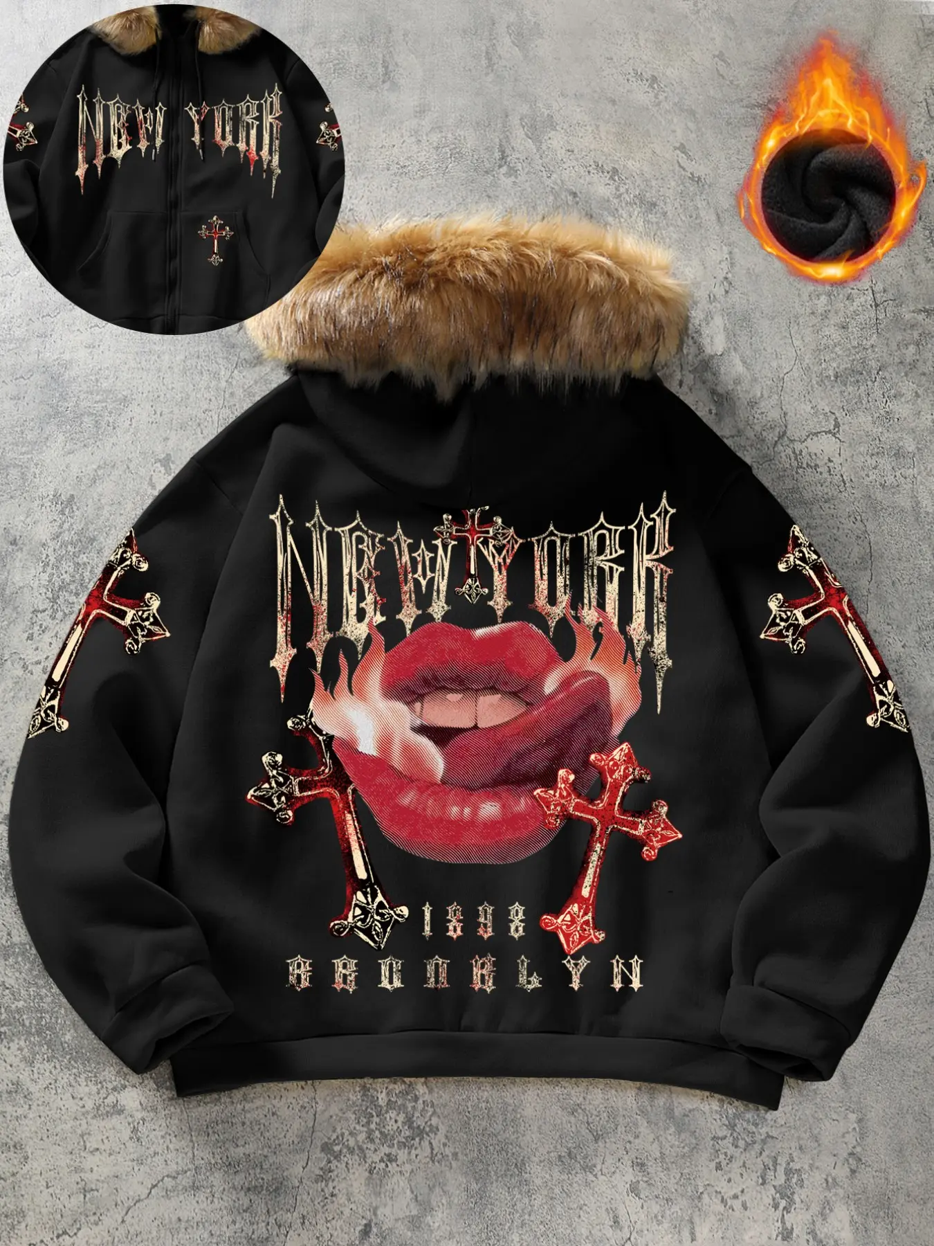 Dark Gothic Y2K Street Style Men's Casual Fur Collar Fleece Jacket, Vintage Brooklyn Lip Cross Art Print, Full Zip Thick Warm Loose Fit Coat