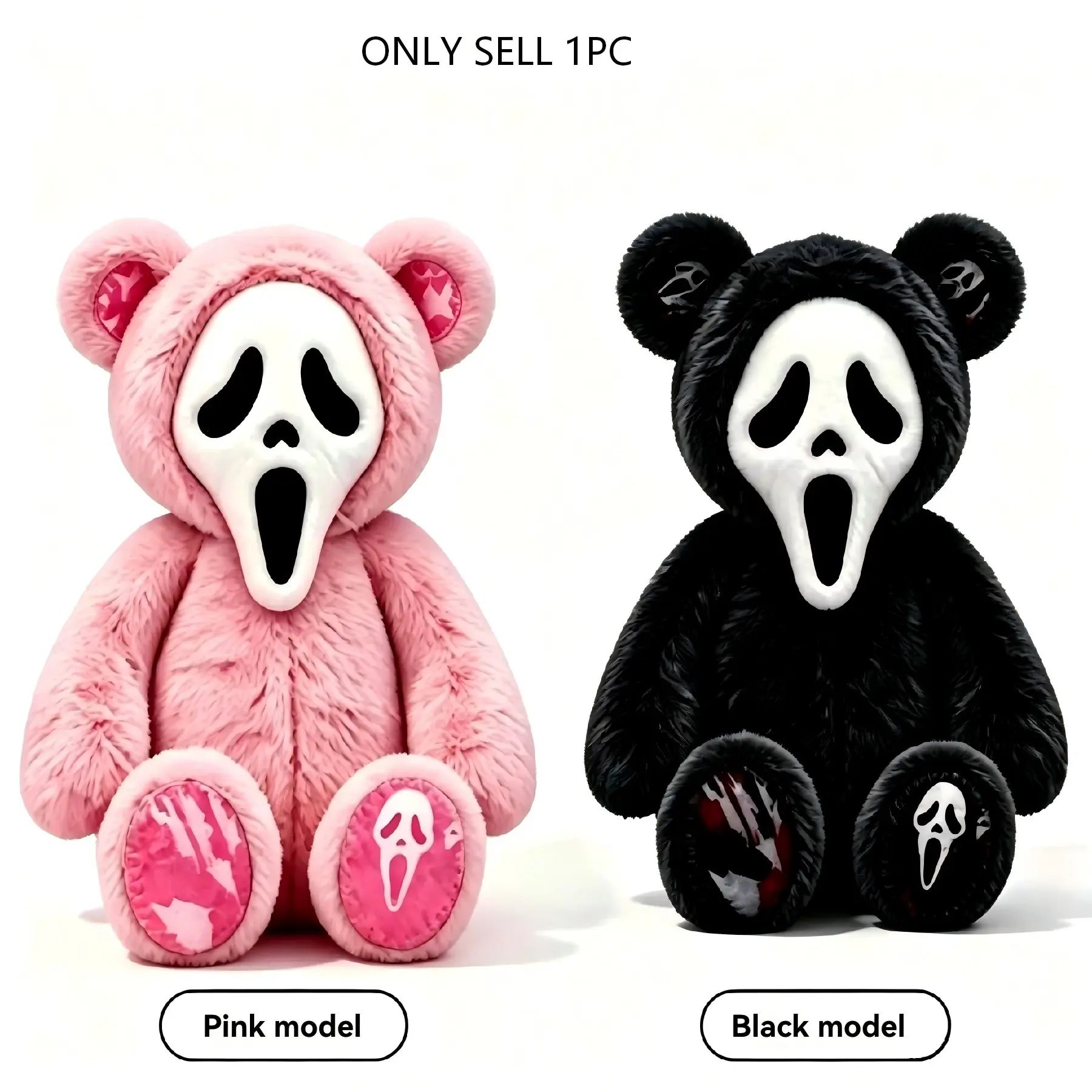 Halloween Ghostface Bear Plush, Classic Scream Horror Movie Character Stuffed Doll, Soft Fluffy Spooky Toy Home Ornament Gift