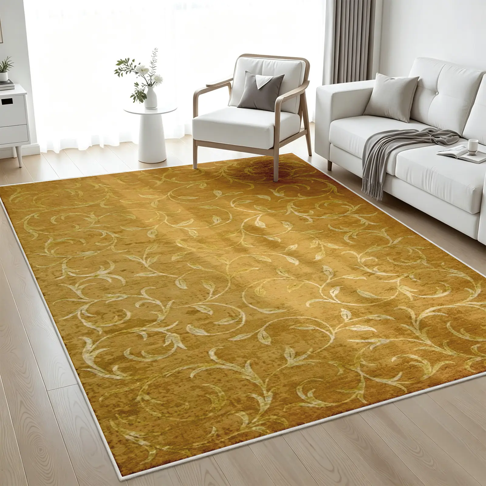 1-Piece Faux Wool Modern Abstract Area Rug (Multi-Size), 8x10ft Mustard Yellow Base with Cream Scroll Vine, Soft Non-Slip Machine-Washable Stain-Resistant Low-Pile Floor Covering for Living Room, Home Offices, Indoor Areas