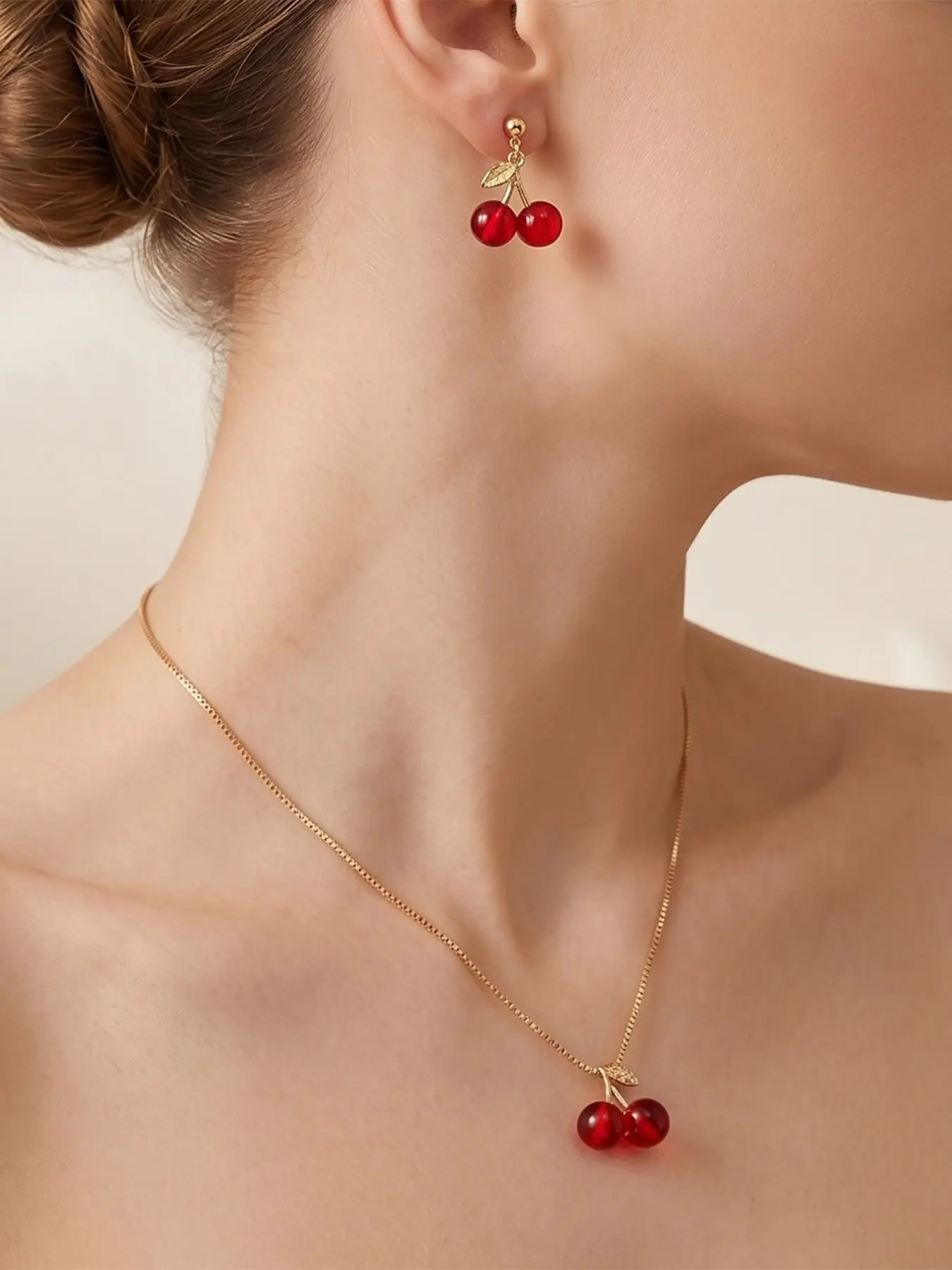 2Pcs Gold Red Cherry Necklace for Women, Cute Resin Fruit Pendant Choker Chain Dangle Drop Earrings Set, French Vintage Y2K Dopamine Summer Jewelry Gift