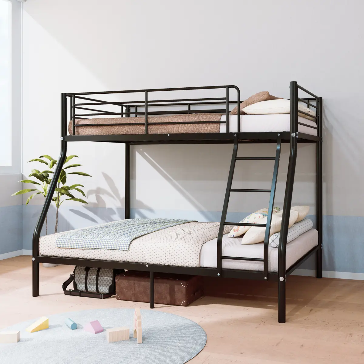 Metal Bunk Bed - Twin Over Full Size, with Ladder & Iron Frame Support, Space-Saving Bunk Bed for Boys, Girls & Adults, Noise Free, No Box Spring Needed, Black